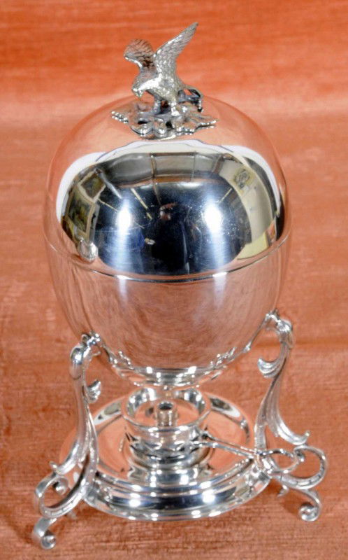 English Silver Plated Egg Warmer. 9 1/2" H. Jane: English Silver Plated Egg Warmer. 9 1/2" H. Jane Wyman Estate.