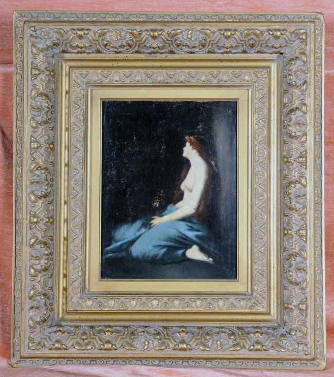 Oil Painting on Board. Semi-Nude Woman Wrapped in: Oil Painting on Board. Semi-Nude Woman Wrapped in a Green Blanket. Sign. J. Henner (Upper Left). 13" H x 10" w. small crack in board upper left