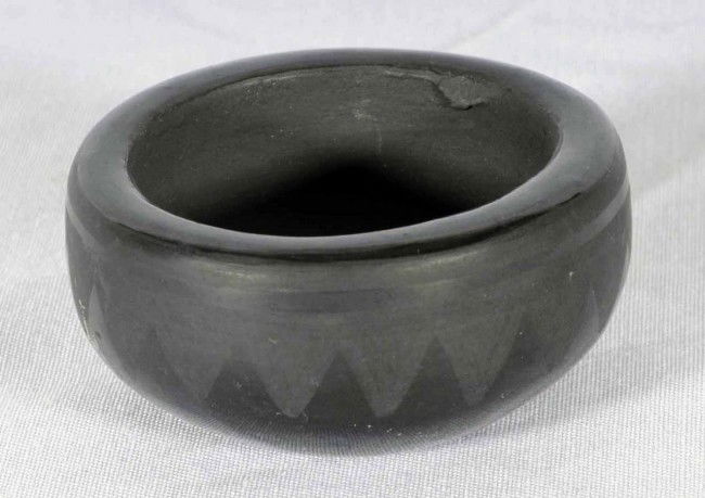 Small San Ildefonso Blackware Pot. Sign. Blue Cor: Small San Ildefonso Blackware Pot. Sign. Blue Corn San Ildefonso Pueblo. 1" H x 2 1/8" Diam.