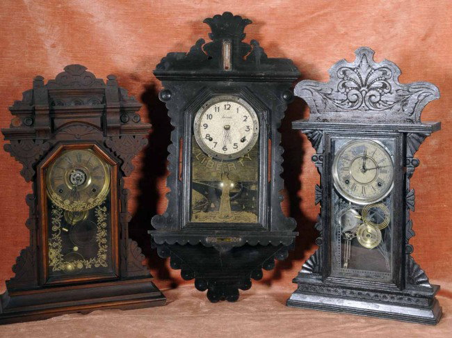 3 Antique American Clocks. 2 Mantel Clocks & 1 Wa: 3 Antique American Clocks. 2 Mantel Clocks & 1 Wall Clock.