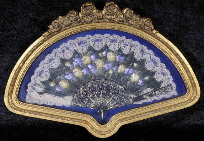 Hand Painted Lace Fan in Gilt Shadow Box Frame. 1: Hand Painted Lace Fan in Gilt Shadow Box Frame. 15 1/4" H x 21 3/4" W.