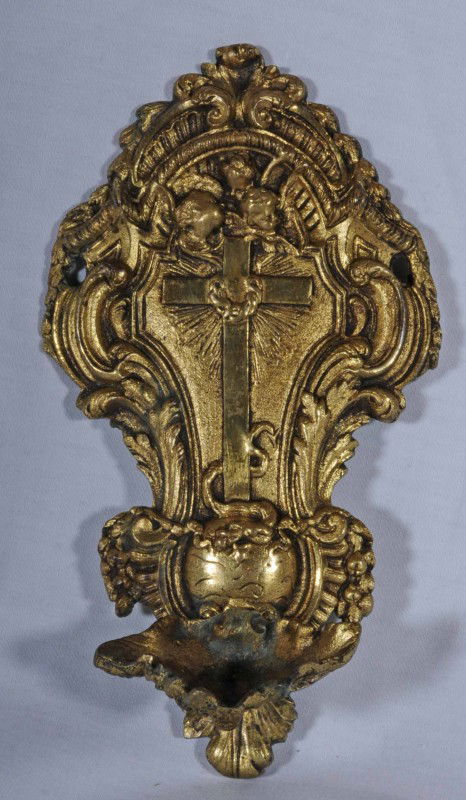 Gilt Metal Holy Water Fount. 10" H x 5 1/4" W: Gilt Metal Holy Water Fount. 10" H x 5 1/4" W