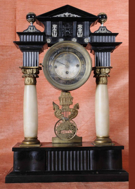 Antique French Empire Mantel Clock. M.O.P. Decora: Antique French Empire Mantel Clock. M.O.P. Decoration. Alabaster Columns. Pendulum. 22 1/4" H x 15" W