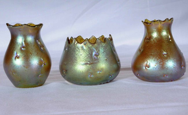 3 Gold Iridescent Art Glass Vases. Maker: Loetz: 3 Gold Iridescent Art Glass Vases. Maker: Loetz Austria. 2 3/4" H; 3 1/2" H; 3 1/2" H.