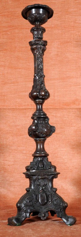 Contemporary Bronze Altar Stick, resting on a Trip: Contemporary Bronze Altar Stick, resting on a Tripod Base. 35 1/2" H.