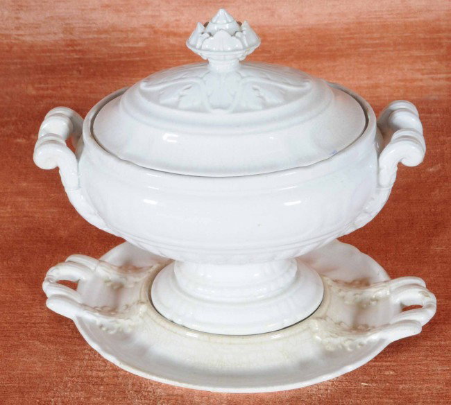 Antique English Dale Hall Pottery Small Tureen & U: Antique English Dale Hall Pottery Small Tureen & Underplate. 8" H x 8 1/2" W. Jane Wyman & Ronald Reagan Estate.