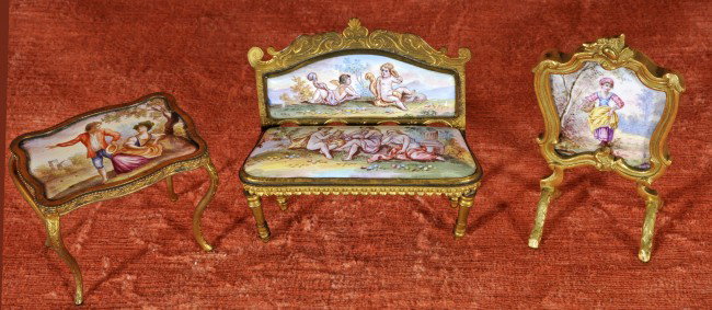 3 Pc. Viennese Enamel Miniature Furniture Set. Set: 3 Pc. Viennese Enamel Miniature Furniture Set. Settee 2 3/4" H x 3" W; Screen 2 3/4" H ; and Table 1 3/4" H x 2 1/4" W.
