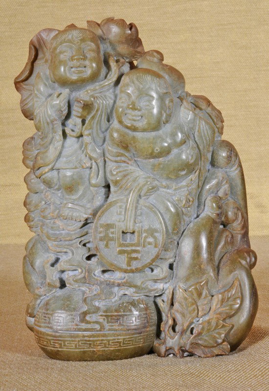 Antique Chinese Carved Jade Double Figure. Han D: Antique Chinese Carved Jade Double Figure. Han Dynasty. "Old Man Long Life." 10" H x 7" W x 3" Dia.