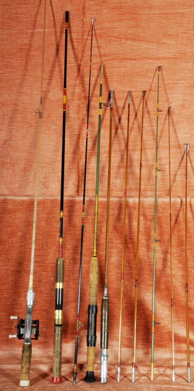4 Old Fishing Poles. Trylon 244 Pole & Reel- Harn: 4 Old Fishing Poles. Trylon 244 Pole & Reel- Harneli 627 R Pole - South Bend Pole & 5 Pc. To a Bamboo Pole.