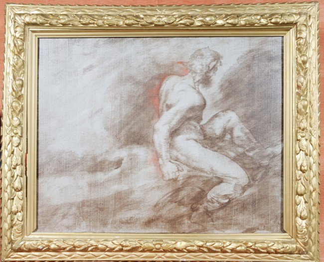 Antique Oil Ptg. on Canvas. Allegorical Figure of: Antique Oil Ptg. on Canvas. Allegorical Figure of a Man w/ Winged Feet. Sig. & Dated 1884 on the Back. 46" H x 34 1/2" W.