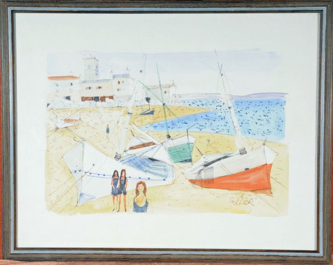 Charles Levier Watercolor Seascape. Boats at Cors: Charles Levier Watercolor Seascape. Boats at Corsica. Sig. Levier. 15" x 21". Ptd. Frame. Proceeds Nat. Council of Jewish Women.