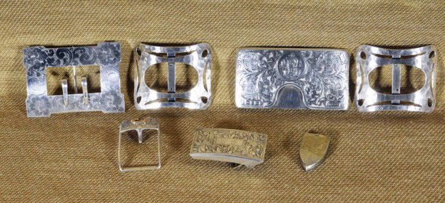Lot of Sterling Silver Items. Eng. Card Holder an: Lot of Sterling Silver Items. Eng. Card Holder and Buckles. App. 5.0 Ozs. Lg. 4 1/2" H x 6 1/4" Dia.