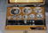 670: ANTIQUE GOLD SCALE IN A WOOD & GLASS CASE. WEIGHTS - 2