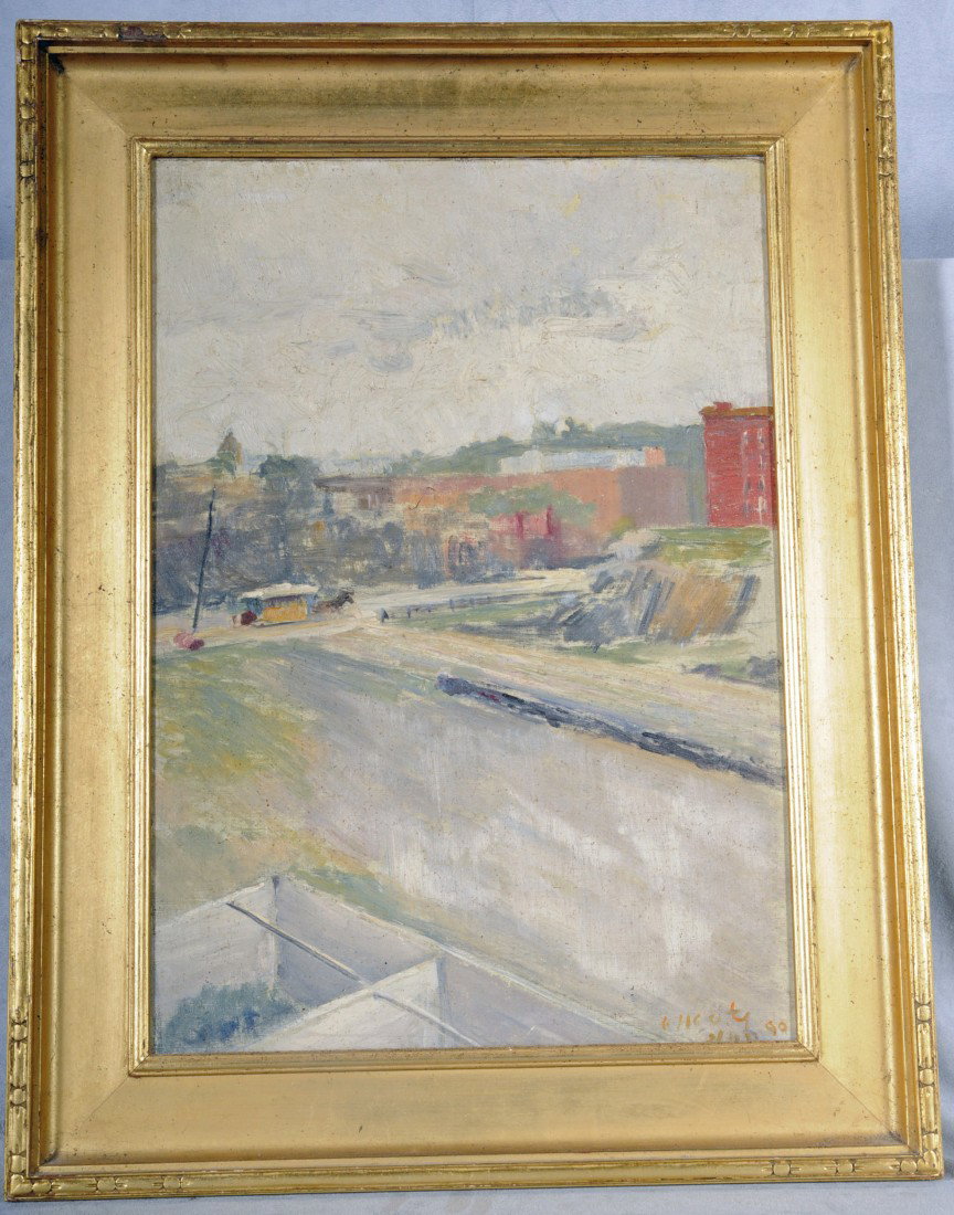 FREDERICK TRAP FRIIS OIL PTG ON CANVAS CITY SCENE.: FREDERICK TRAP FRIIS OIL PTG ON CANVAS CITY SCENE. SIGNED LOWER RIGHT. ESTATE STAMP ON THE BACK. GILT FRAME. 20" H X 14" W.