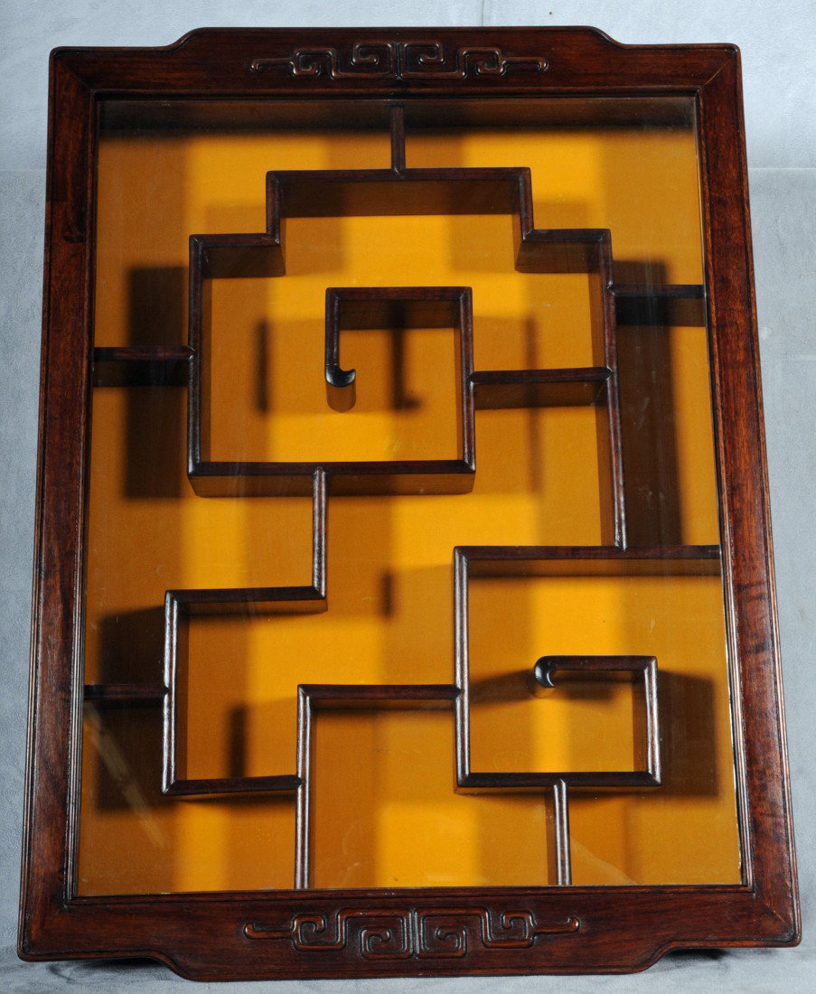 CHINESE TEAKWOOD WALL CURIO CABINET W/ VARIOUS SIZ: CHINESE TEAKWOOD WALL CURIO CABINET W/ VARIOUS SIZE STANDS. 24" H X 18" D.