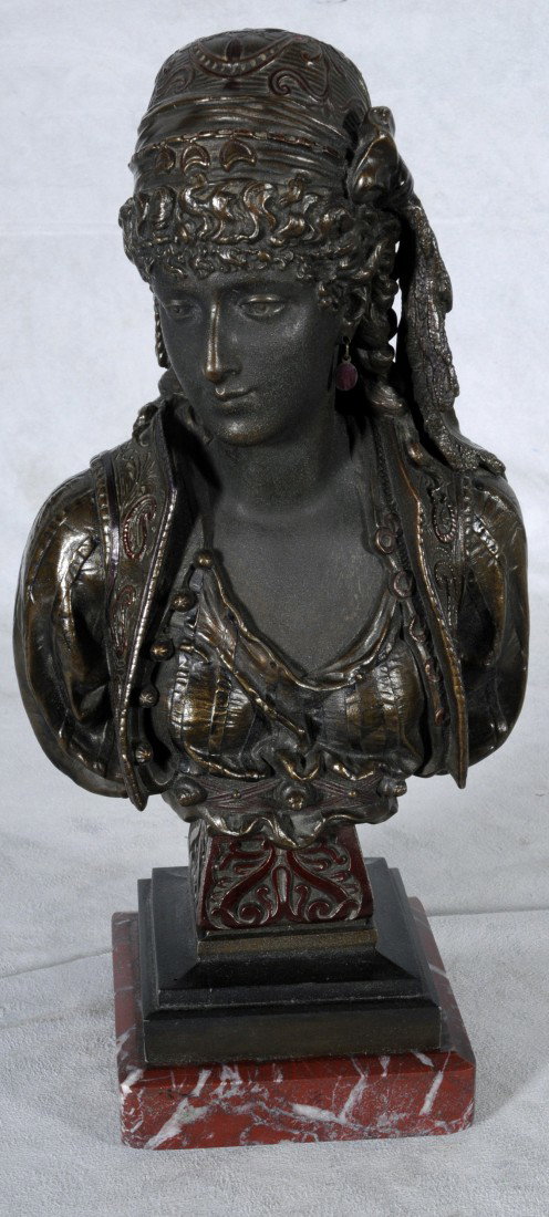 FRENCH SPELTER BUST OF AN ARABIAN LADY RESTING ON : FRENCH SPELTER BUST OF AN ARABIAN LADY RESTING ON A ROUGE MARBLE BASE. 14" H X 6 3/4" W.