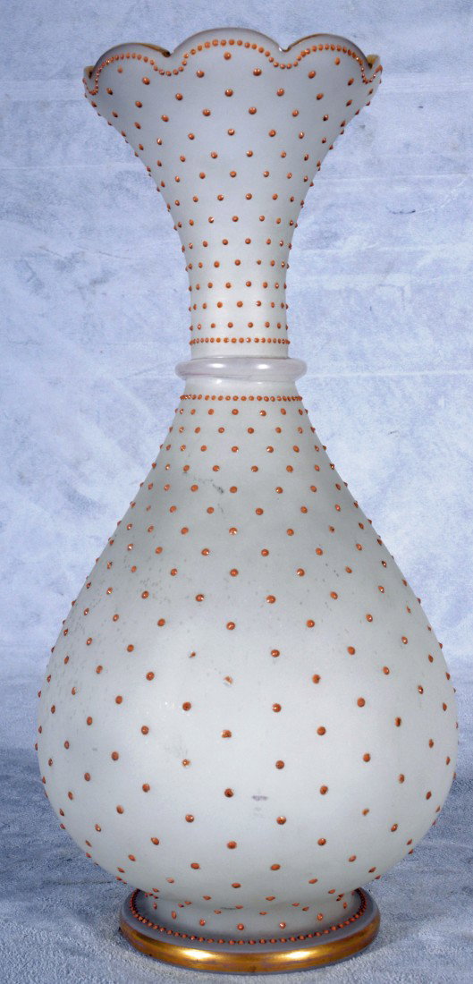 ANTIQUE FRENCH OPALINE GLASS VASE. BEJEWELED DECOR: ANTIQUE FRENCH OPALINE GLASS VASE. BEJEWELED DECORATION. 12 1/2" H X 6" DIA.