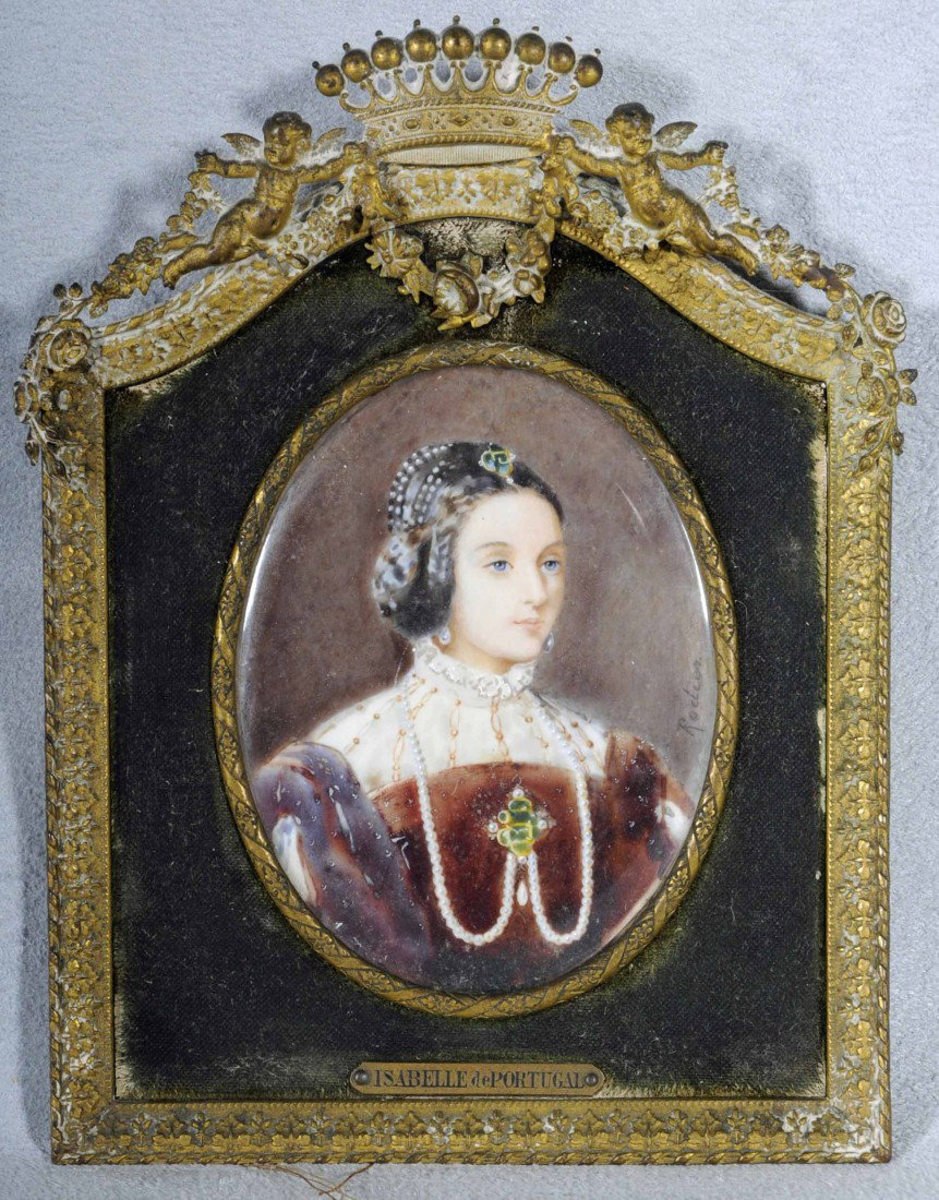 OVAL PAINTED MINIATURE ON IVORY. DEPICTING "ISABELL: OVAL PAINTED MINIATURE ON IVORY. DEPICTING "ISABELLA DE PORTUGAL". SIGNED RODIER. BRASS FRAME W/ A CROWN & FLORAL SWAGS. 3 1/4" H X 2 1/2" W.