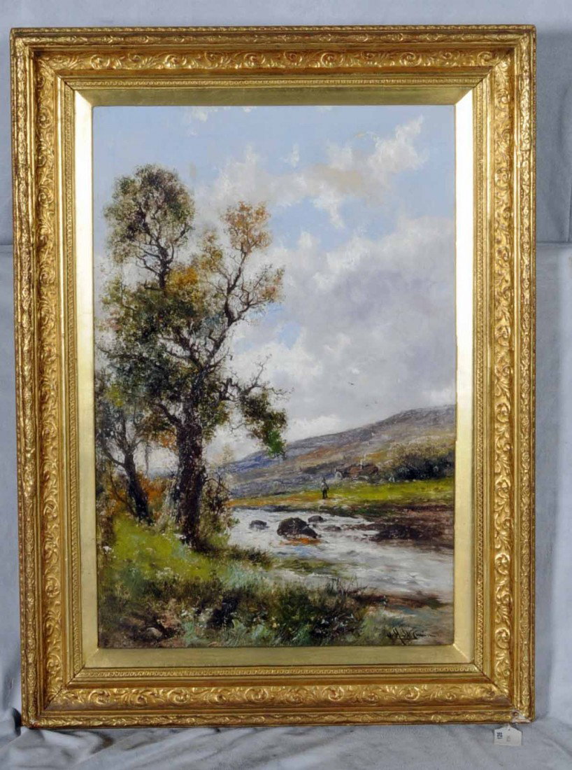 19TH C. ABRAHAM HULK II OIL/PTG/CNV. LANDSCAPE. EN: 19TH C. ABRAHAM HULK II OIL/PTG/CNV. LANDSCAPE. ENGLISH LANDSCAPE DEPICTING A RIVER & A TREE. ENT. "THE MOUNTIAN TORRENT." SIG. LOWER RIGHT. GILT FRAME. 24" H X 16" W