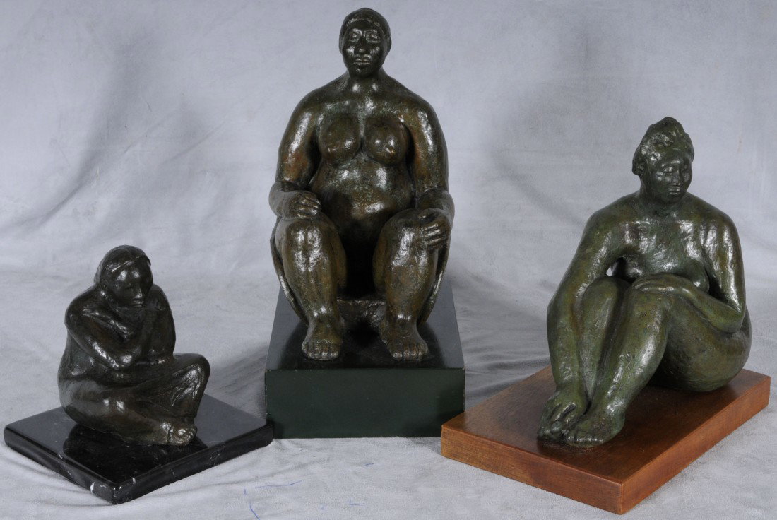 3 BRONZE SEATED FIGURES OF INDIAN WOMEN. TWO FIGUR: 3 BRONZE SEATED FIGURES OF INDIAN WOMEN. TWO FIGURES ARE NUDE. SIGNED Cuevas ( Jose Louis) each are dated LOWER LEFT, 1972. 11" H X 8" & 9 1/2" H X 9 1/2" & 6" H X 4 3/4".