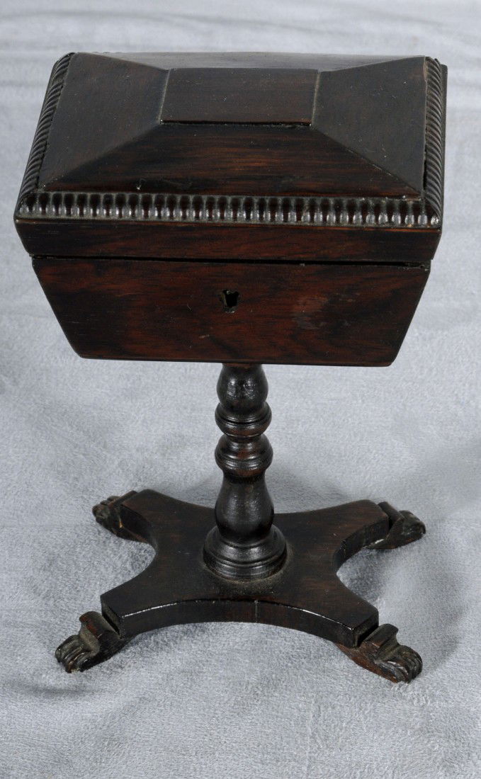 19TH C. ENGLISH MINIATURE OF A TEAPOY. MINIATURE/S: 19TH C. ENGLISH MINIATURE OF A TEAPOY. MINIATURE/SALESMANS SAMPLE. MAHOGANY TEA BOX ON A TURNED STAND. PAW FOOT BASE. 6 1/2" H X 4" W X 3 1/4" D