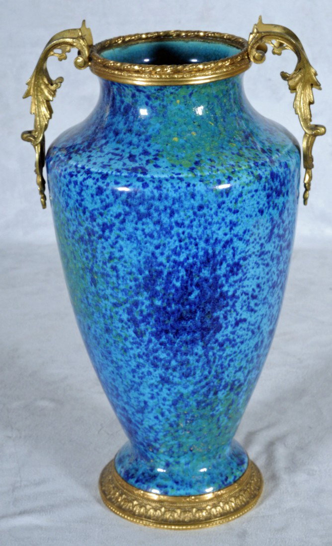 ANTIQUE BELGIUM CERAMIC VASE. MAKER: BOCH FES. TU: ANTIQUE BELGIUM CERAMIC VASE. MAKER: BOCH FES. TURQUOISE AND GREEN GLAZE. ORMOLU MTS. 13 12" H X 8" W X 6 3/4" D.