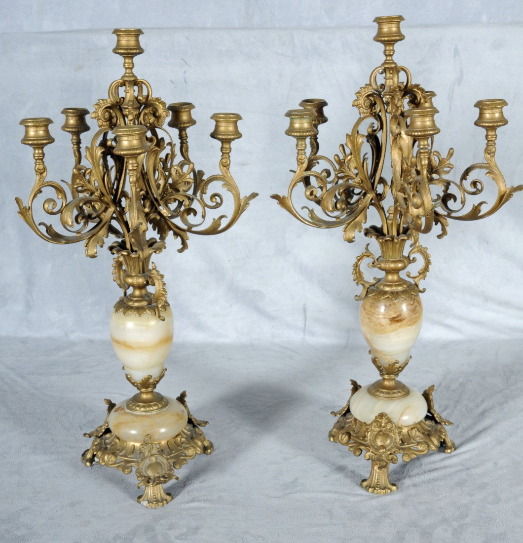 PR. OF 6 LIGHT ORMOLU & ONYX CANDELABRA. ORMOLU SC: PR. OF 6 LIGHT ORMOLU & ONYX CANDELABRA. ORMOLU SCROLLED ARMS SUPPORTED BY AN ONYX URN AND ORMOLU SCROLL FEET. 21 1/2" H X 11 3/4" W
