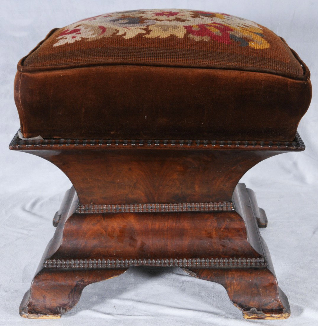 SQUARE ANTIQUE VICTORIAN MAHOGANY FOOT STOOL. FLOR: SQUARE ANTIQUE VICTORIAN MAHOGANY FOOT STOOL. FLORAL NEEDLEPOINT SEAT. 16" SQ.