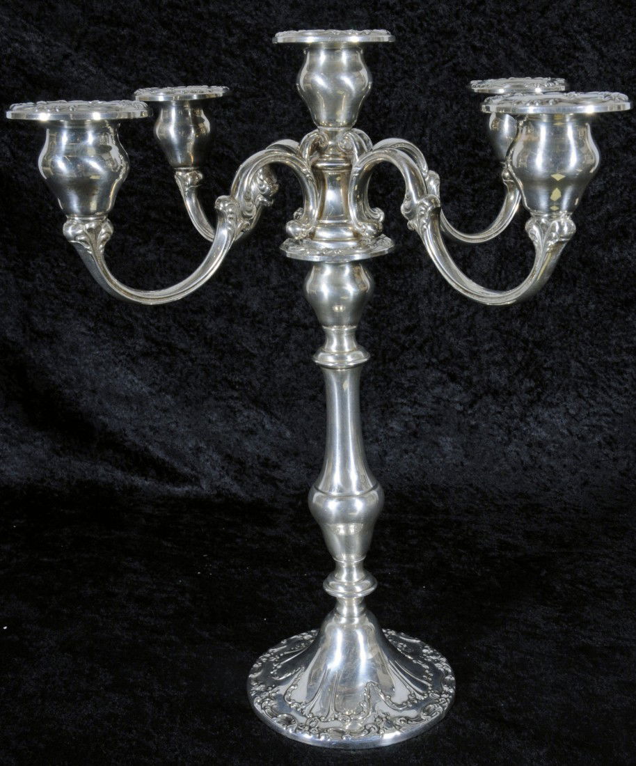 GORHAM STERLING SILVER WEIGHTED CANDELABRA WITH FI: GORHAM STERLING SILVER WEIGHTED CANDELABRA WITH FIVE LIGHTS. 4 SCROLLED ARMS REMOVEABLE TO MAKE SINGLE CANDLESTICK. 13" H X 11 3/4" W