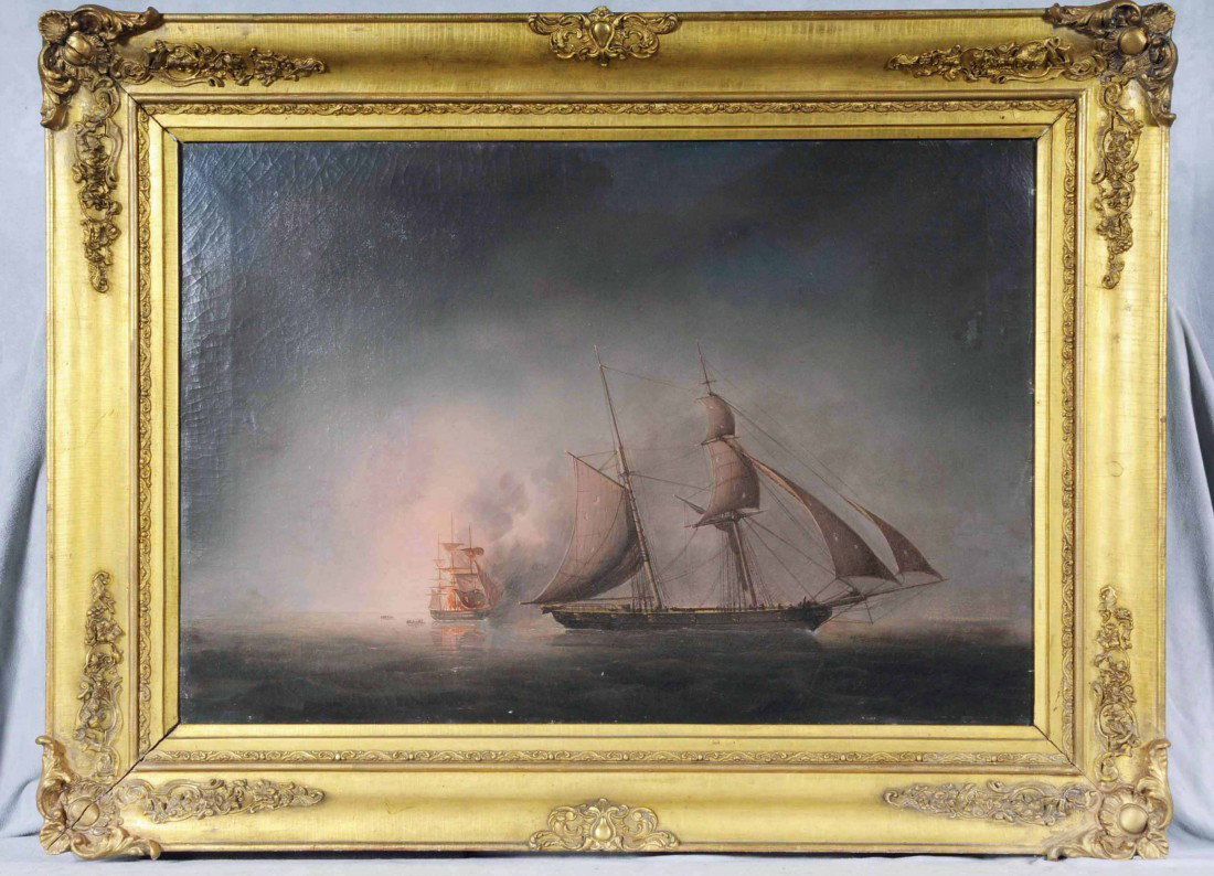 19TH C. OIL.PTG. CNV. DEPICTING SHIPS IN A BATTLE : 19TH C. OIL.PTG. CNV. DEPICTING SHIPS IN A BATTLE SCENE AT SEA. RELINED. GILT FRAME. 20 3/4" H X 30 1/4" W.