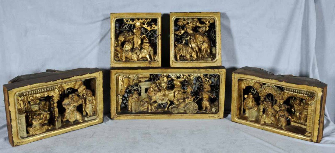 5 ANTIQUE NING PO CARVED PANELS. THREE ARE SHADOW BO: 5 ANTIQUE NING PO CARVED PANELS. THREE ARE SHADOW BOX STYLE FIGURAL CARVING AND TWO ARE SHADOW BOX ANIMAL CARVING. 7 1/4" H X 15 3/4" W * 7" H X 11 1/2" W * 7 1/2" H X 6 3/4" W. APPROX.