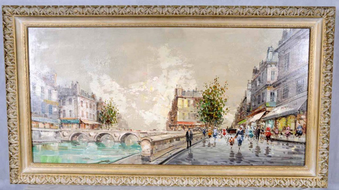 OIL PTG. CNV. DEPICTING A PARIS STREET SCENE AFTER: OIL PTG. CNV. DEPICTING A PARIS STREET SCENE AFTER EDOUARD CORTES. PAINTED & GILT FRAME. 24" H X 48" W.