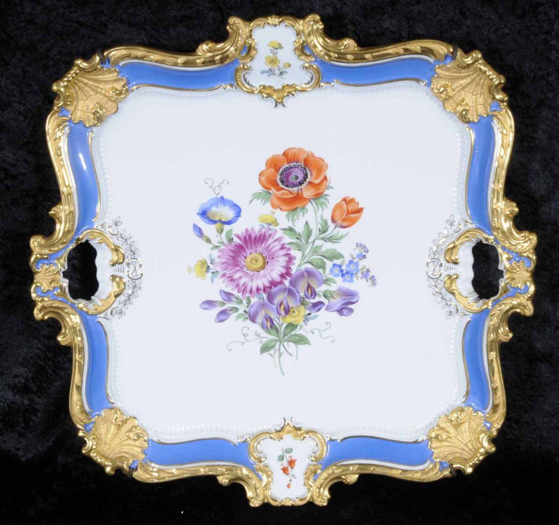 GERMAN MEISSEN SQUARE PORCELAIN TRAY. MULTI-COLOR: GERMAN MEISSEN SQUARE PORCELAIN TRAY. MULTI-COLOR FLORAL ENAMEL CENTER & PANELS ON THE BLUE BORDERS. GILT HIGHLIGHTS. 1 5/8" H X 15 7/8" SQ.