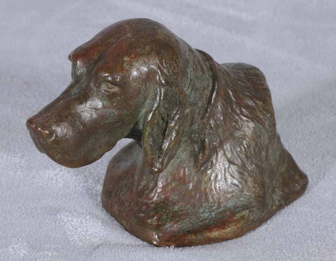 BRONZE DOG PAPER WEIGHT. ATT. TO TIFFANY STUDIOS : BRONZE DOG PAPER WEIGHT. ATT. TO TIFFANY STUDIOS N.Y. SIGNATURE NOT LEGIBLE. 2 1/4" H X 3 1/4" W.
