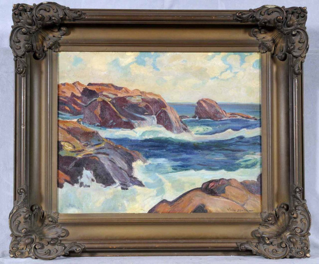 OIL PTG/BD OF A ROCKY COASTLINE. SIGNED JOHN SLOAN: OIL PTG/BD OF A ROCKY COASTLINE. SIGNED JOHN SLOAN. GILT FRAME. 16" H X 20" W.