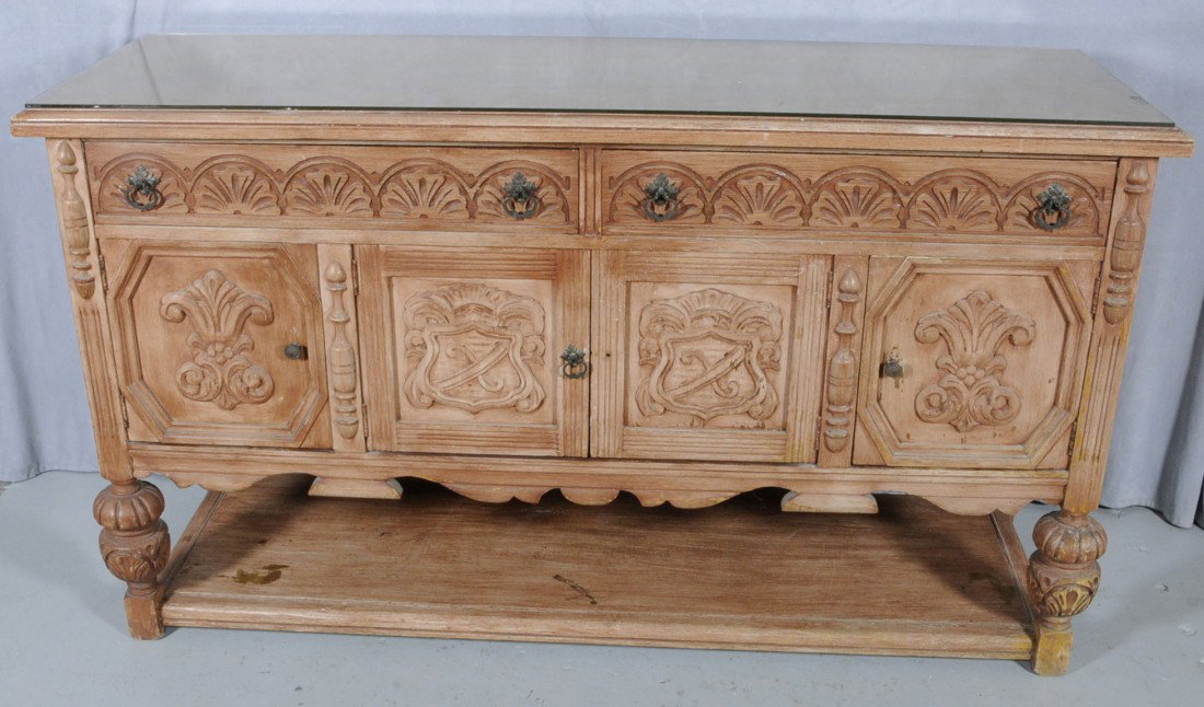AMERICAN PAINTED CARVED WOOD SIDEBOARD. TWO DRAWERS: AMERICAN PAINTED CARVED WOOD SIDEBOARD. TWO DRAWERS AND 3 DOORS BELOW. TURNED LEGS & LOWER SHELF. 37" H X 66" W X 21" D.