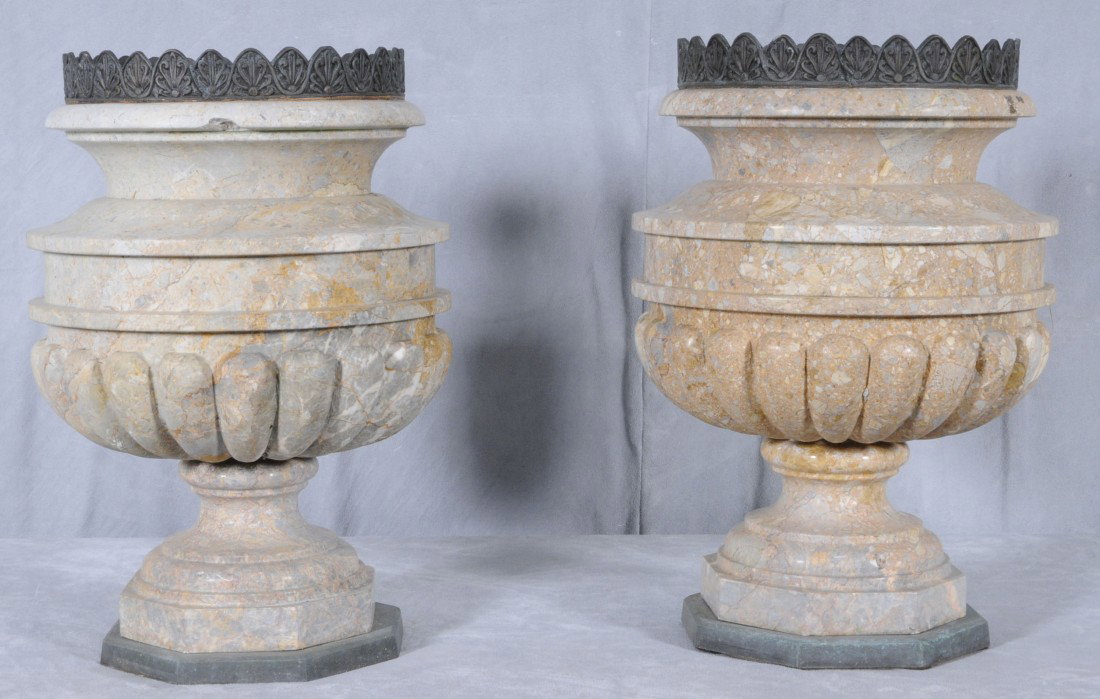 PR. CARVED MARBLE URNS. ORMOLU DECORATED TOP. 17 1/: PR. CARVED MARBLE URNS. ORMOLU DECORATED TOP. 17 1/2" H X 12" DIA.