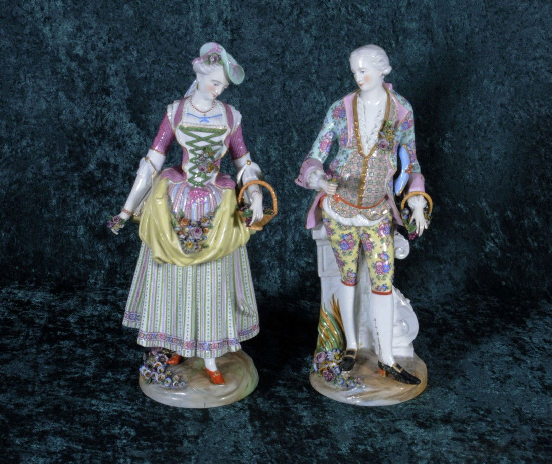 PR. ANTIQUE GERMAN MEISSEN FIGURES. DEPICTING A GE: PR. ANTIQUE GERMAN MEISSEN FIGURES. DEPICTING A GENTLEMAN & A LADY IN COLORFUL CLOTHES OF THE PERIOD. BLUE CROSS SWORDS MARK W/ A DOT. 18" H.