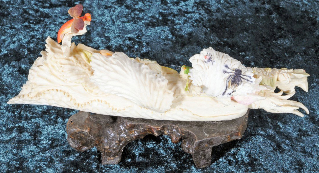 ORIENTAL CARVED BONE HEAD OF LETTUCE CURIO PC. FLO: ORIENTAL CARVED BONE HEAD OF LETTUCE CURIO PC. FLORAL DESIGN W/ A DRAGONFLY, CRICKETS & A GRASSHOPPER. POLYCHROME COLORING. 4" H X 8 1/2" L