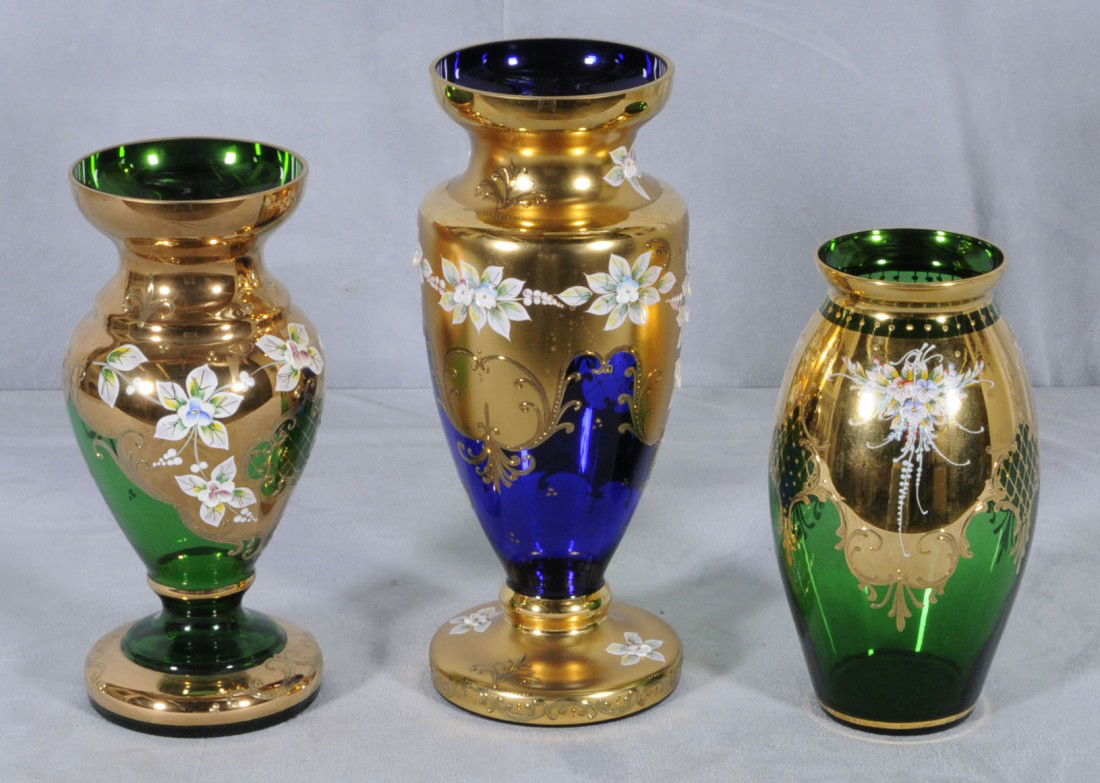 311 3 BOHEMIAN GLASS VASES. 1 BLUE VASE & 2 GREEN VASE Lot 0311