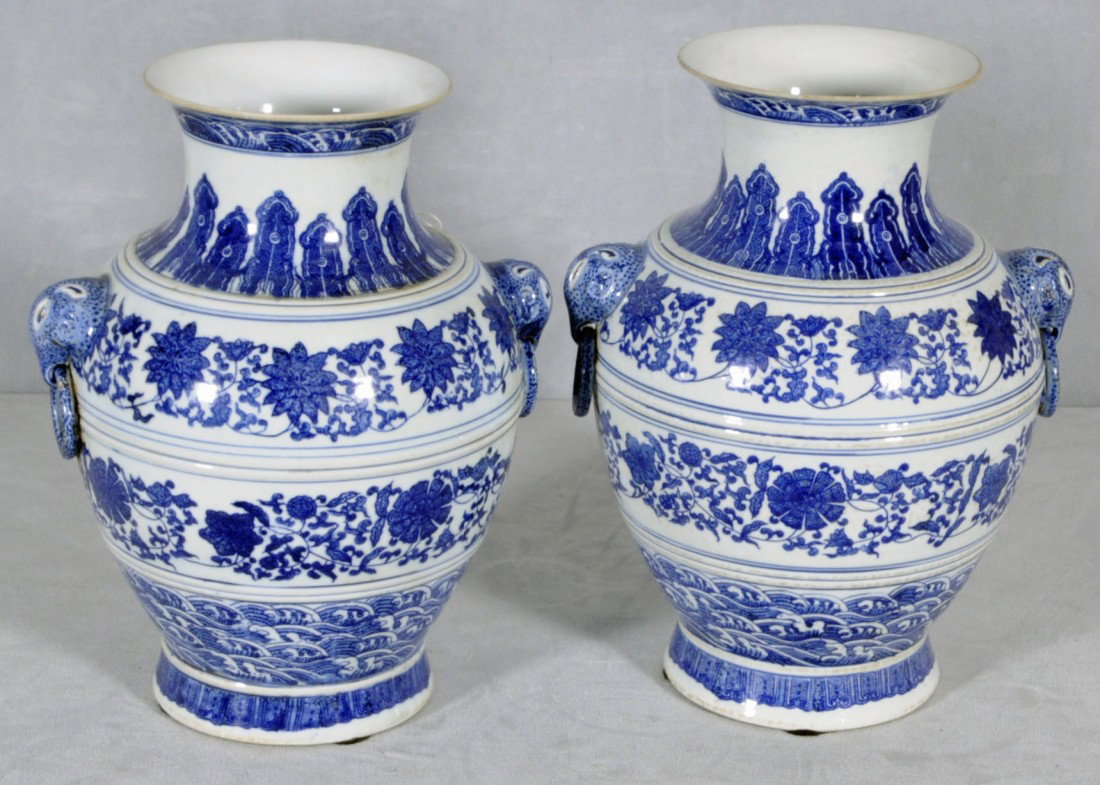 PR. BLUE & WHITE BULBOUS SHAPED VASES. ALL OVER FLO: PR. BLUE & WHITE BULBOUS SHAPED VASES. ALL OVER FLORAL DESIGN. 13 1/2" H X 16 1/2" W