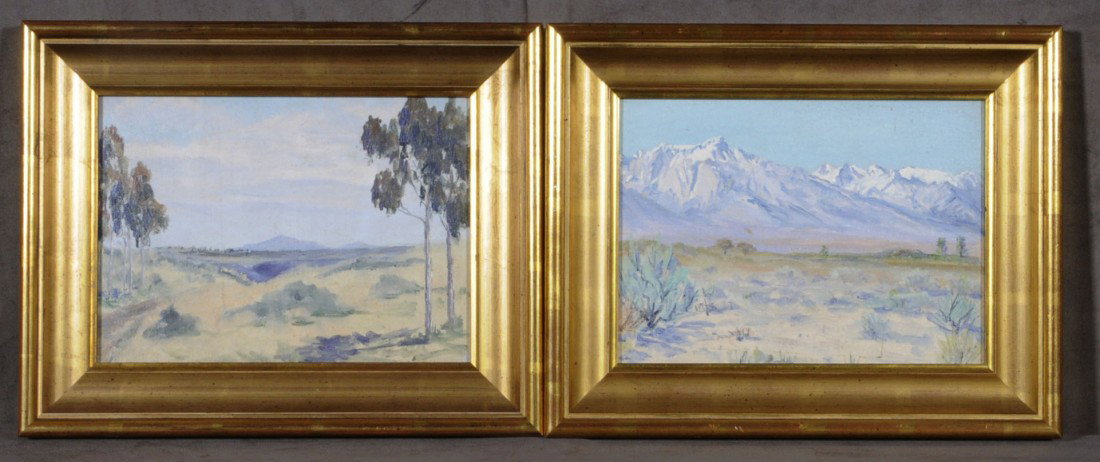 PR. CALIFORNIA OIL PTGS.BD. LANDSCAPE SCENES BY LO: PR. CALIFORNIA OIL PTGS.BD. LANDSCAPE SCENES BY LOCKWOOD de FOREST JR. UNSIGNED. GILT FRAMES. (ORIGINALLY FROM THE VAL VERDE ESTATE). 8" H X 11" W.