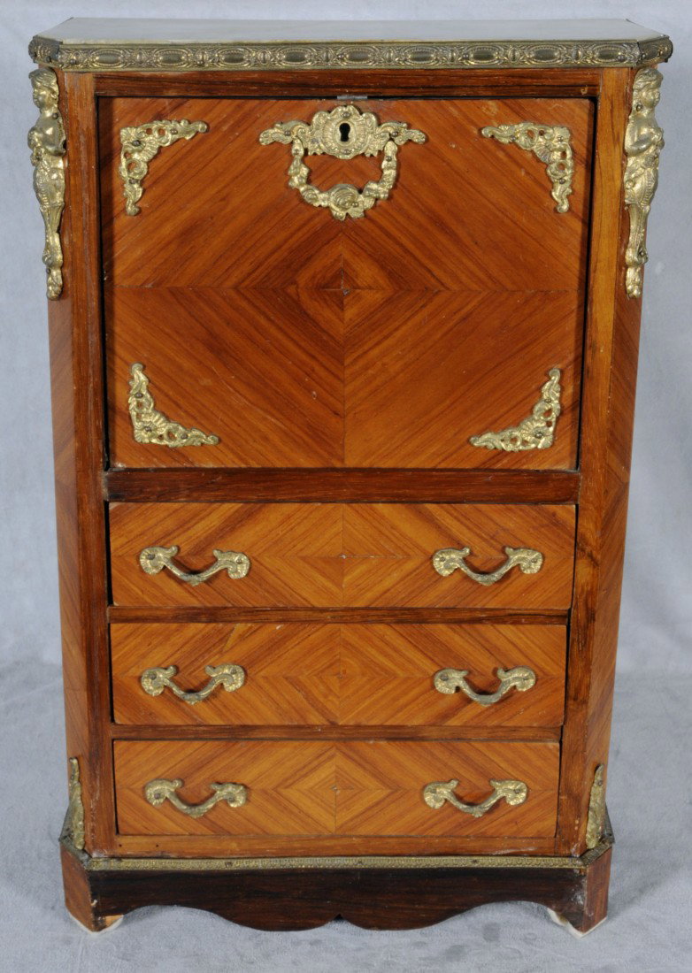 ANTIQUE FRENCH MINIATURE FALL FRONT DESK. SALESMAN: ANTIQUE FRENCH MINIATURE FALL FRONT DESK. SALESMAN'S SAMPLE. ORMOLU MOUNTS. 20 3/4" H X 13 1/4" W.