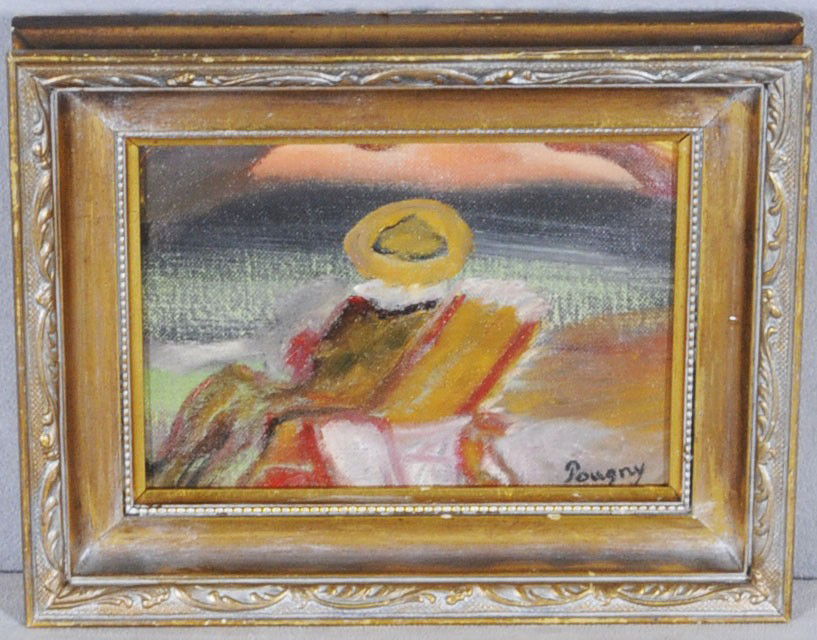 OIL PTG. BD OF A PERSON SITTING IN A CHAIR AND LOO: OIL PTG. BD OF A PERSON SITTING IN A CHAIR AND LOOKING AT THE MOUNTAINS. SIGNED POUGNY. GILTWOOD FRAME. 5" H X 6 1/2" W.