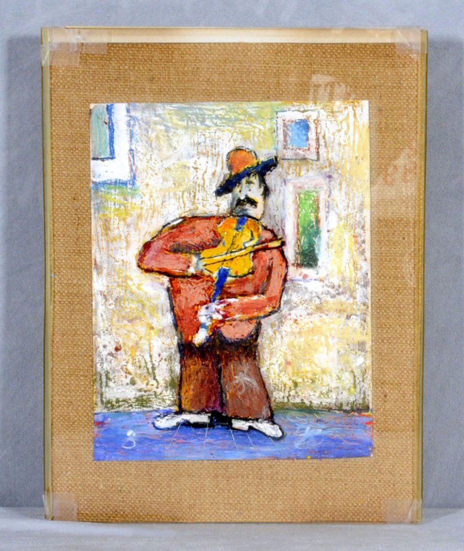OIL PTG. DEPICTING A MAN PLAYING A VIOLIN. SIGNED : OIL PTG. DEPICTING A MAN PLAYING A VIOLIN. SIGNED ROBERT WEIL. UNDER PLEXI-GLASS. 11 1/2" H X 9" W.