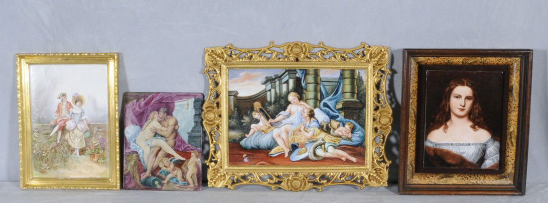 LOT OF 4 CONTEMPORARY PORCELAIN PLACQUES. ONE DEPI: LOT OF 4 CONTEMPORARY PORCELAIN PLACQUES. ONE DEPICTS A COUPLE SITTING ON A WALL, ONE HAS TWO WOMEN & TWO CUPIDS, ONE HAS A NUDE WOMAN & A MAN KISSING, AND THE LAST ONE IS A BUST OF A LADY W/ RED HAIR