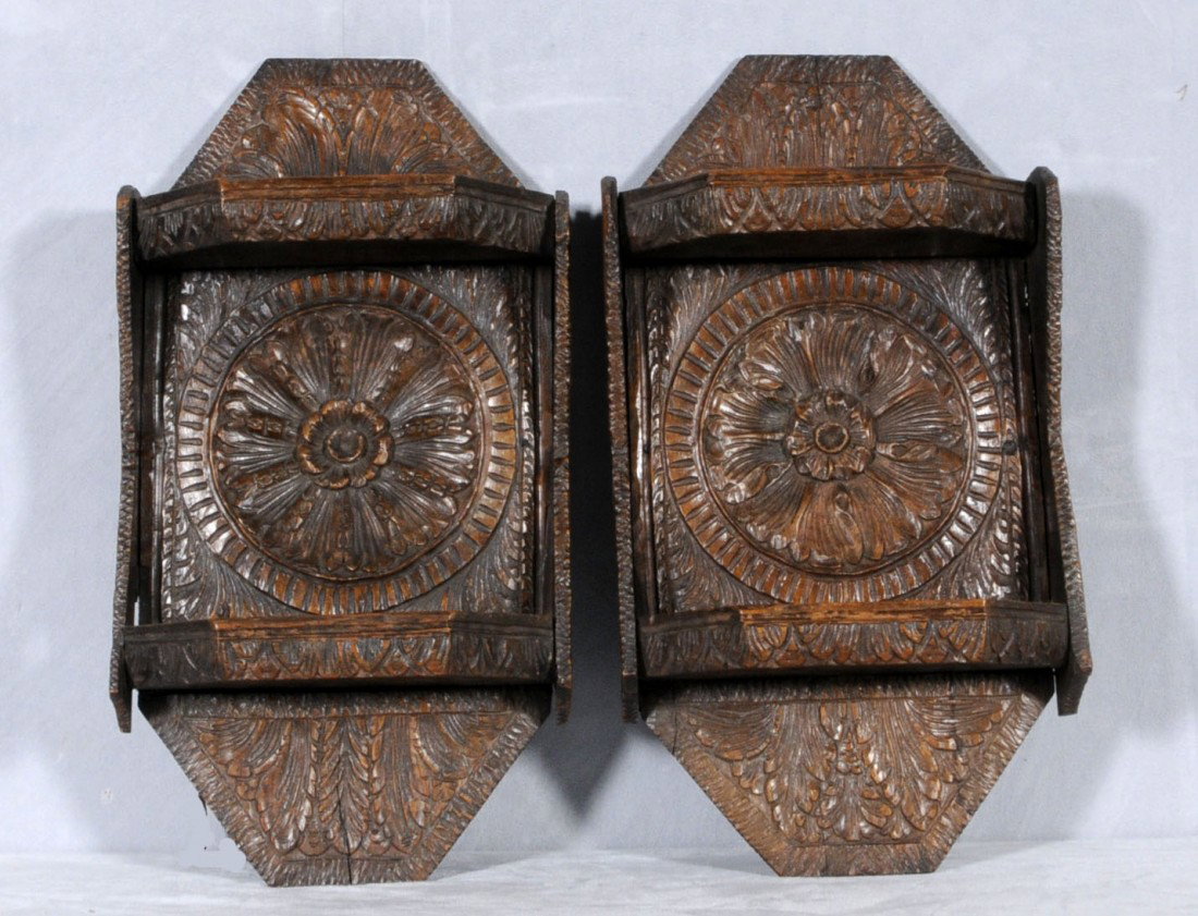PR. ANTIQUE CARVED WOOD WALL BRACKETS. FLORAL CARV: PR. ANTIQUE CARVED WOOD WALL BRACKETS. FLORAL CARVED CENTERS & EACH ONE HAS 2 SHELVES. 20" H X 10 1/2" W.