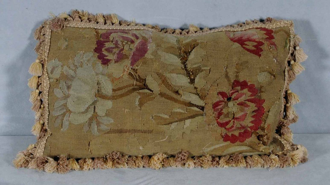 ANTIQUE FRENCH AUBUSSON THROW PILLOW WITH FLORAL D: ANTIQUE FRENCH AUBUSSON THROW PILLOW WITH FLORAL DESIGN. 22" X 14"