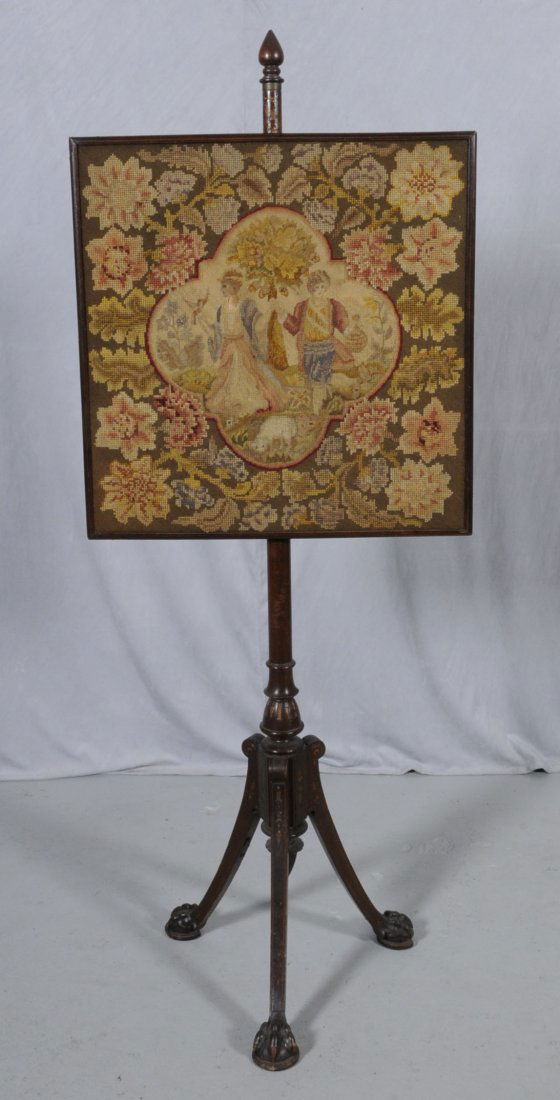 19th C ENGLISH POLE SCREEN. PETITE POINT & NEEDLEPO: 19th C ENGLISH POLE SCREEN. PETITE POINT & NEEDLEPOINT PANELS OF PEOPLE IN A PARK SETTING. FLORAL BORDER. 53" H X 20 1/2" W (TK)