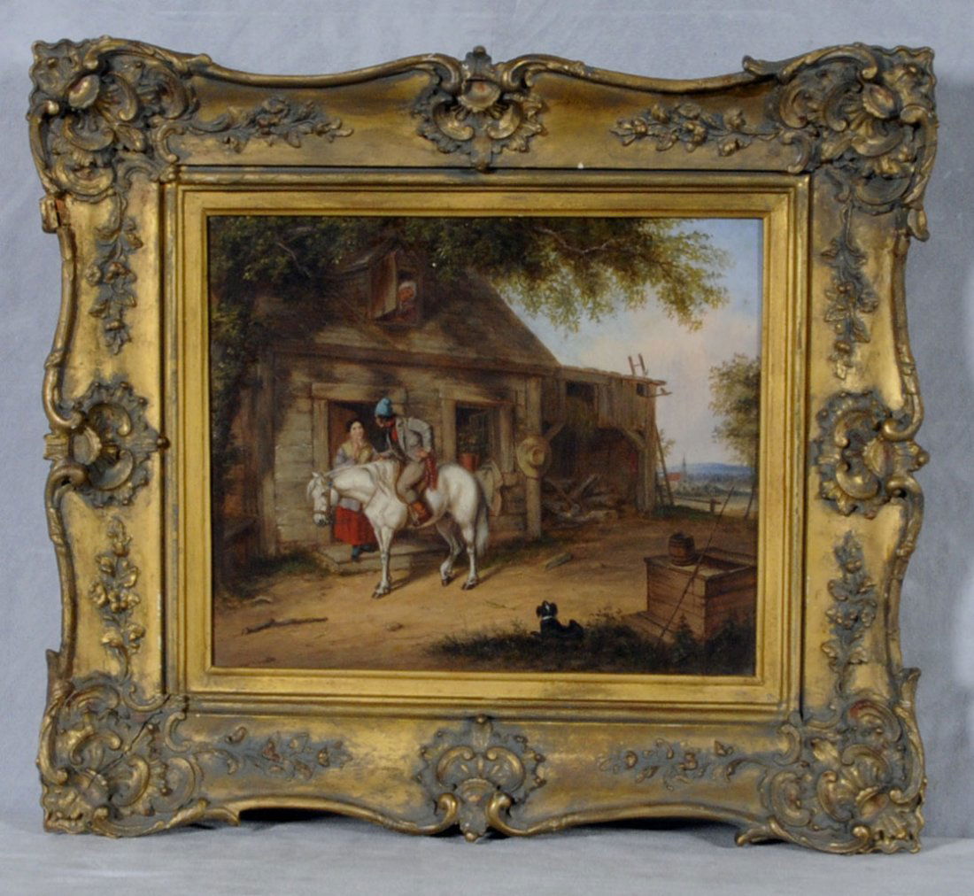 19TH C. OIL PTG/CNV OF A FARM SCENE. DEPICTING A G: 19TH C. OIL PTG/CNV OF A FARM SCENE. DEPICTING A GENTLEMAN ON HORSEBACK TALKING W/ A LADY. UNSIGNED IN A CARVED GILTWOOD GESSO FRAME. 11" H X 13" W (TK)